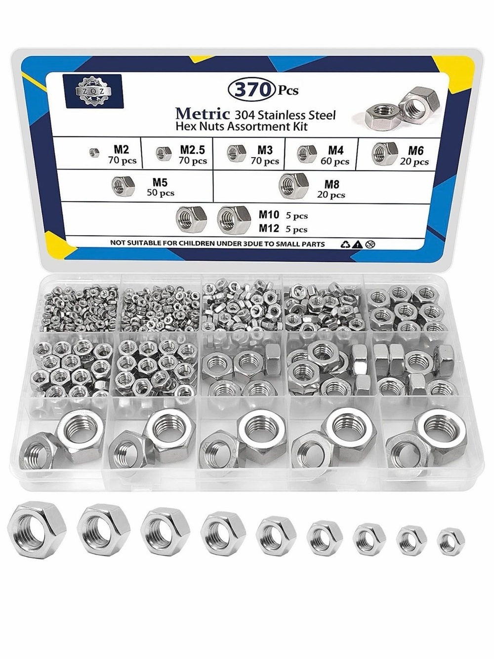 370 Pcs Metric Hex Nuts Assortment Kit - Stainless Steel Set